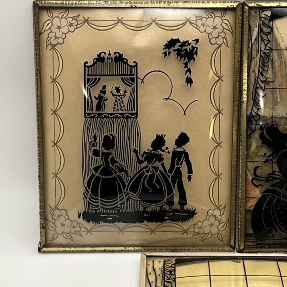 Set Of 3 Vintage Reverse Painted Convex Bubble Glass Silhouette Children Playing - Picture 2 of 5